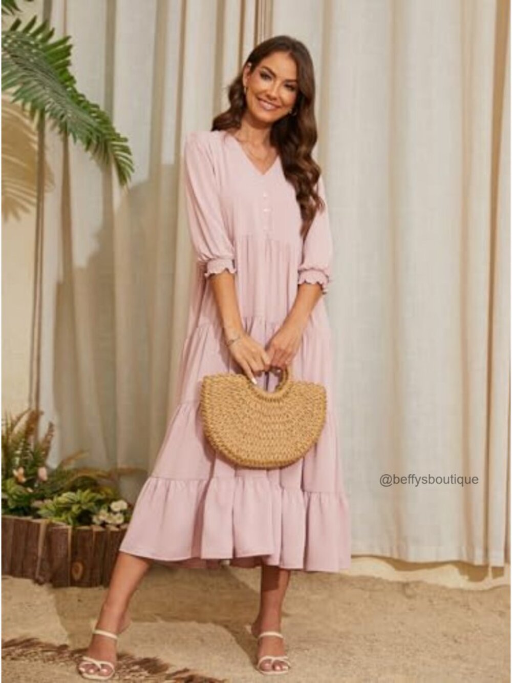 V Neck Boho Dress Puff Sleeve High Waist Floral Smocked Flowy Ruffle Midi - Picture 4 of 6